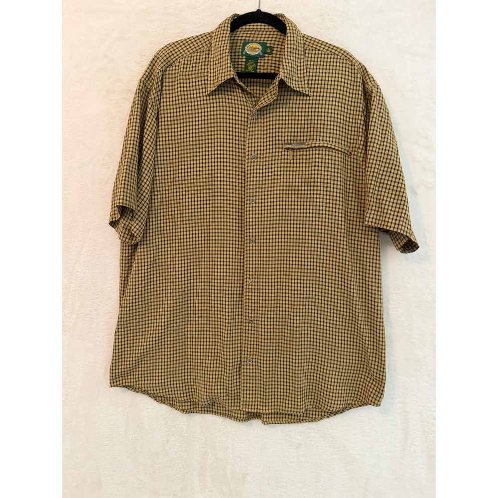Cabelas Mens XL Tall Ultra Dry Short Sleeve Button Down Shirt Tan Black Plaid